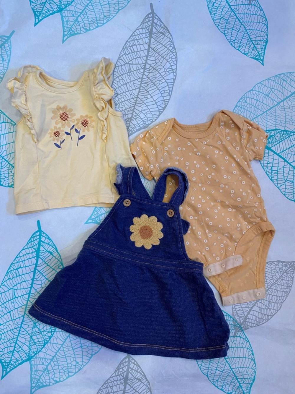 3pc Girls Yellow Floral Bodysuit & Denim Sunflower Dress Set